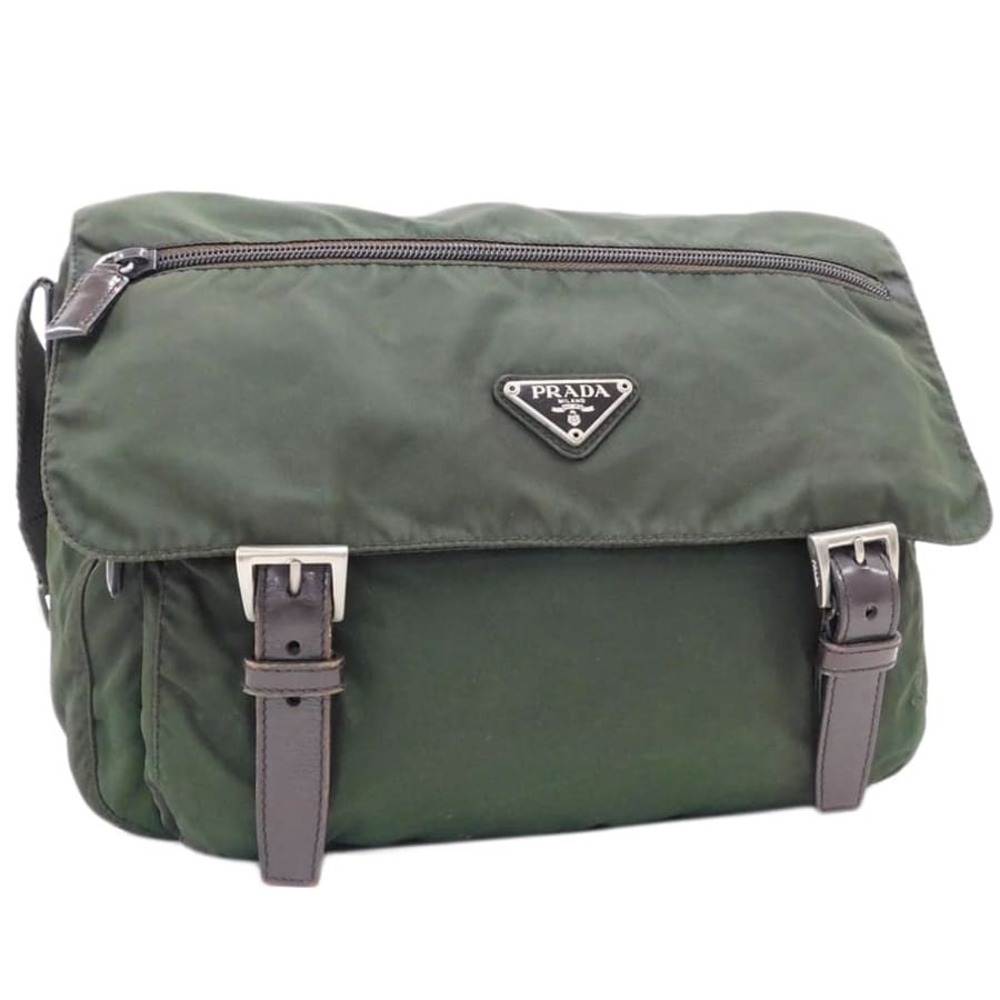 Prada Shoulder Bag Khaki Green Leather Triangle Plate Crossbody